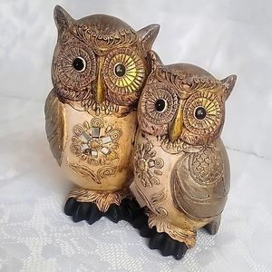 Vintage Family Owl Figurine Resin Wood Look Parent & Baby Owl Rustic Home Decor